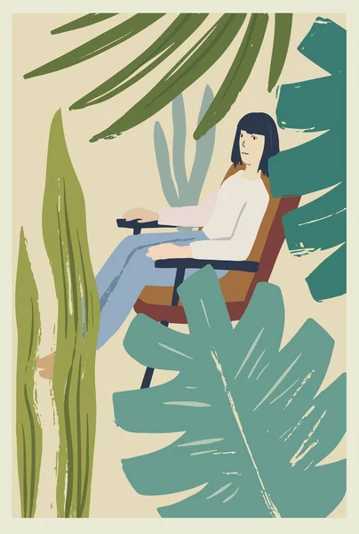 Young woman sitting in a chair surrounded by big leaves of house plants. Vector vintage illustration. — Stock vektor