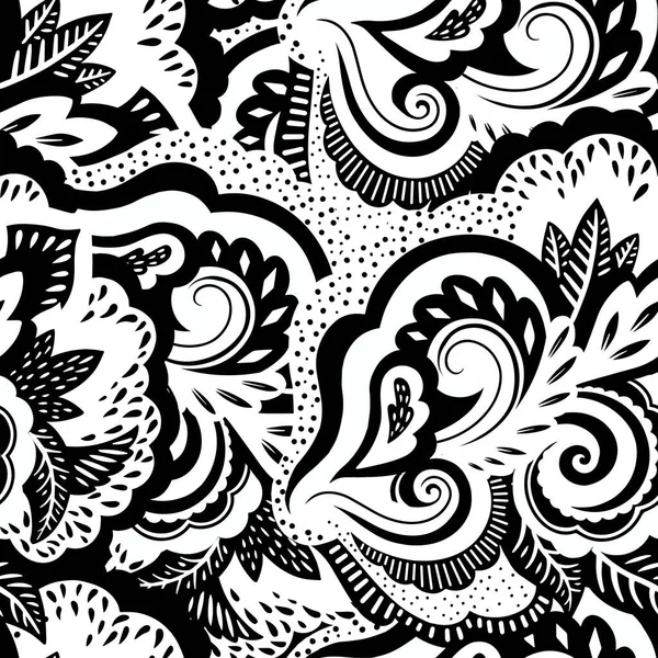 Czarno-biała psychodeliczna faktura z abstrakcyjnymi elementami kwiatowymi i roślinnymi — Wektor stockowy