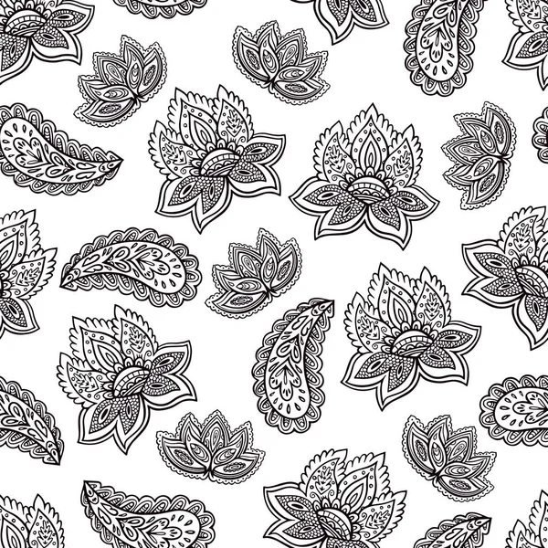 Black and white seamless psychedelic pattern with floral and paisley elements. — Stock Vector