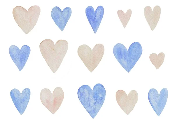 Zestaw z cute proste doodle akwarelowe serca. Ręcznie malowane elementy na białym tle. — Zdjęcie stockowe