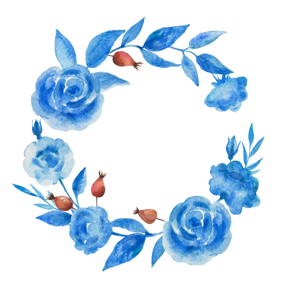 Couronne d'aquarelle décorative mignonne avec des éléments de roses bleues vintage et des baies de hanche rose pour mariage et cartes de vœux — Photo