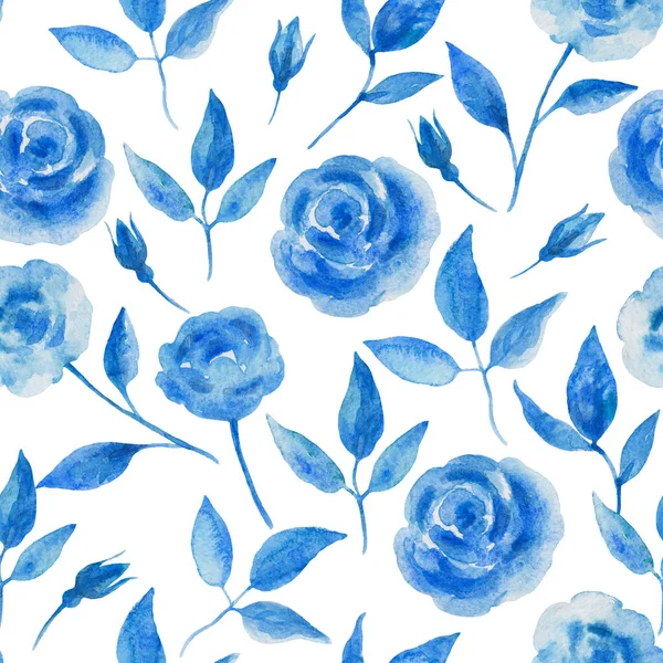 Vintage seamless pattern with blue roses and leaves in shabby chic decorative style