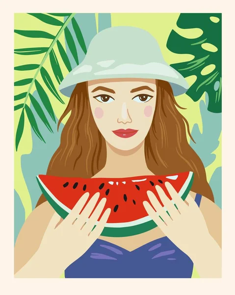 Vacker flicka som äter mogen saftig vattenmelon. Tropiskt landskap på bakgrunden. Vektorillustration — Stock vektor