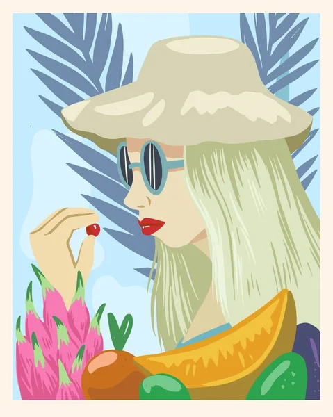 Tropikal meyveler yiyen güzel genç kadınlar. Parlak renkler ve palmiye yaprakları.