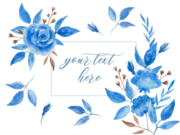Mall för gratulationskort, bröllopsinbjudan med romantiska blå rosor. — Stockfoto