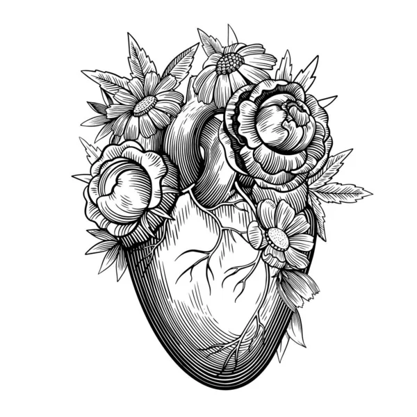Ročník ilustrace srdce s květinami v rytém stylu. Černobílá vektorová kresba. — Stockový vektor