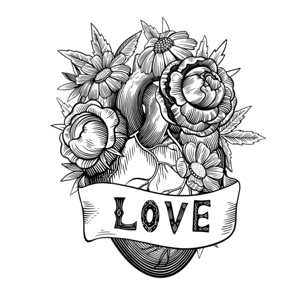 Illustration vintage de coeur avec fleurs et ruban en style gravure tatouage. Dessin vectoriel noir et blanc. — Image vectorielle