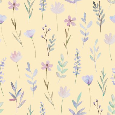 Çiçekleri ve bitkileri olan sevimli, narin bir çiçek deseni. Suluboya çizimi.