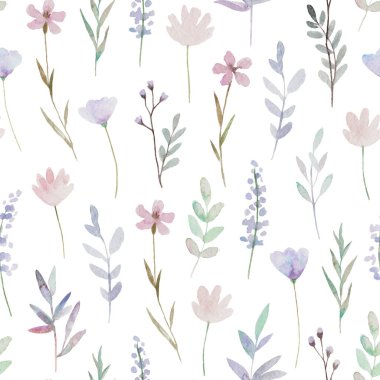 Çiçekleri ve bitkileri olan sevimli, narin bir çiçek deseni. Suluboya çizimi.