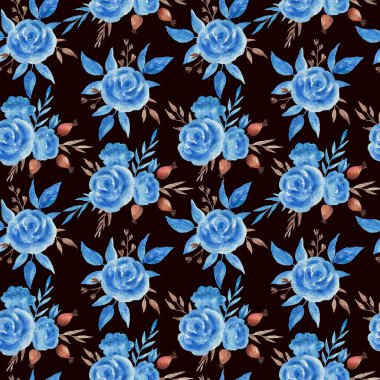 Mavi gül çiçekleri ve gül kalçası meyveleriyle suluboya desenli retro tarzı.