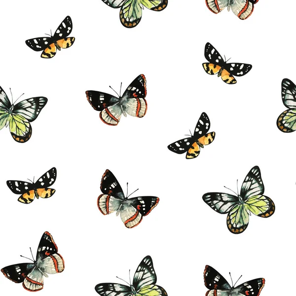 Χαριτωμένο μοτίβο χωρίς ραφή με ακουαρέλα ζωγραφισμένα πολύχρωμα ρεαλιστικές πεταλούδες. — Φωτογραφία Αρχείου