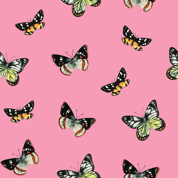 Cute seamless pattern with watercolor painted colorful realistic butterflies. — Stock Photo, Image