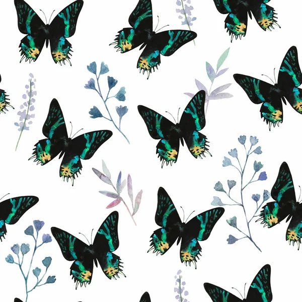 用彩色蝴蝶和植物元素雕琢无缝图案.水彩画. — 图库照片
