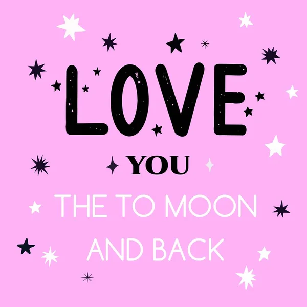 Liebt euch auch den Mond und zurück. Buchstabenzitat mit Sternen auf rosa Hintergrund. — Stockvektor