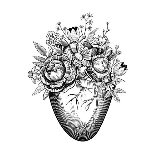 Illustration vintage de coeur avec des fleurs dans le style de gravure de tatouage. Dessin vectoriel noir et blanc. — Image vectorielle