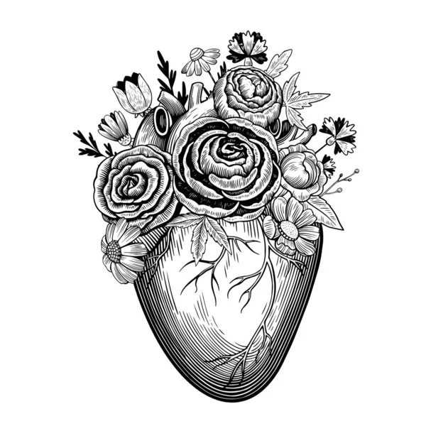 Illustration vintage de coeur avec des fleurs dans le style de gravure de tatouage. Dessin vectoriel noir et blanc. — Image vectorielle