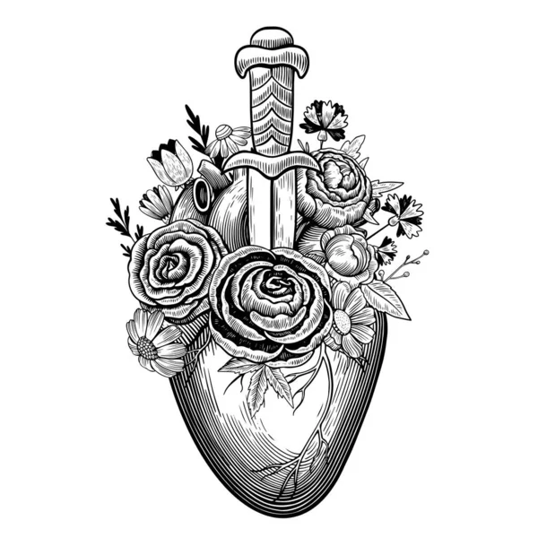 Ilustración vintage de corazón perforado por daga con flores en estilo de grabado de tatuaje. Dibujo vectorial blanco y negro. — Vector de stock