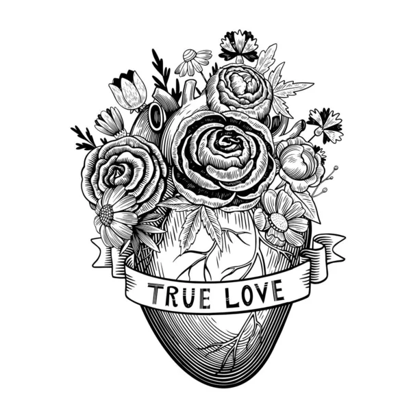 Illustration vintage de coeur avec des fleurs et ruban dans le style de gravure de tatouage avec citation de lettrage. — Image vectorielle