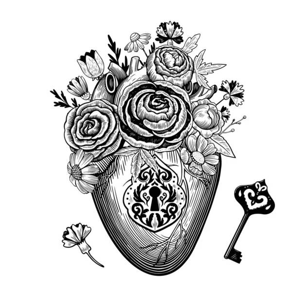 Composición vintage de corazón con flores, ojo de cerradura retro y llave en estilo grabado. Dibujo vectorial blanco y negro. — Vector de stock