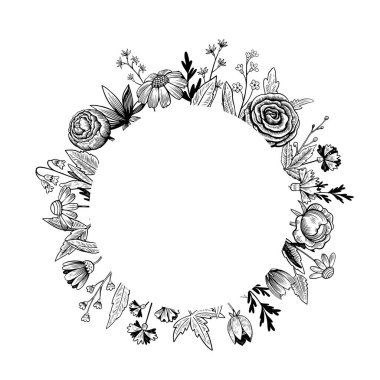 Hoş, yuvarlak, eski bir çiçek çerçevesi. İşleme biçiminde elle çizilmiş illüstrasyon.