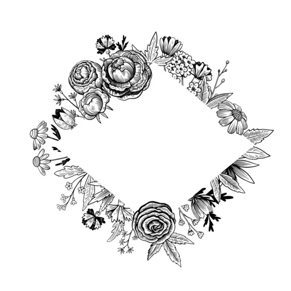 Lindo rombo vintage marco floral. Ilustración dibujada a mano en estilo grabado. — Archivo Imágenes Vectoriales
