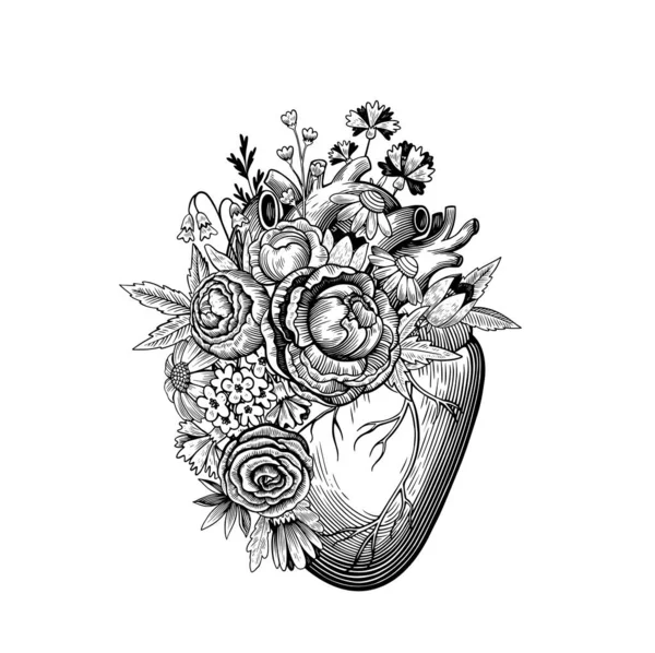 Ilustración vintage de corazón con flores en estilo de grabado de tatuajes. Dibujo vectorial blanco y negro. — Vector de stock