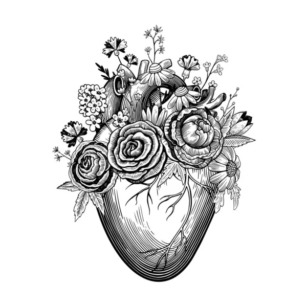 Illustration vintage de coeur avec des fleurs dans le style de gravure de tatouage. Dessin vectoriel noir et blanc. — Image vectorielle