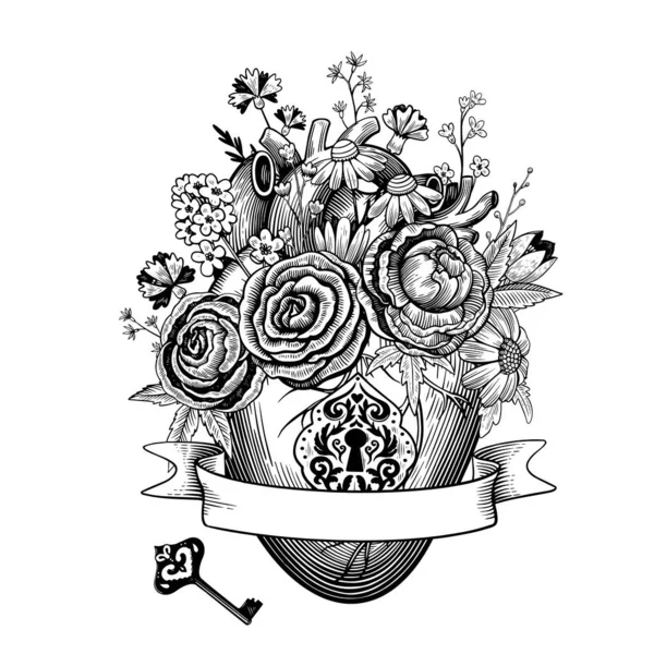 Composición vintage de corazón con flores, ojo de cerradura retro y llave en estilo grabado. Dibujo vectorial blanco y negro. — Archivo Imágenes Vectoriales