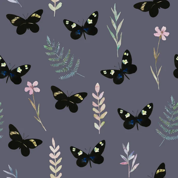 Cute seamless pattern with colorful butterflies and plant elements. Watercolor illustrations. — Stock Photo, Image