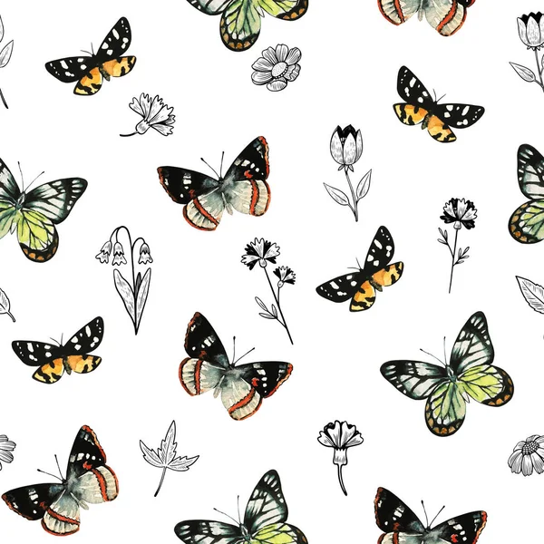 用彩色蝴蝶和植物元素雕琢无缝图案.水彩画. — 图库照片