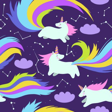 Sevimli, pürüzsüz desenli, gece gökyüzünde yıldızlı ve bulutlu minik tek boynuzlu atlar..