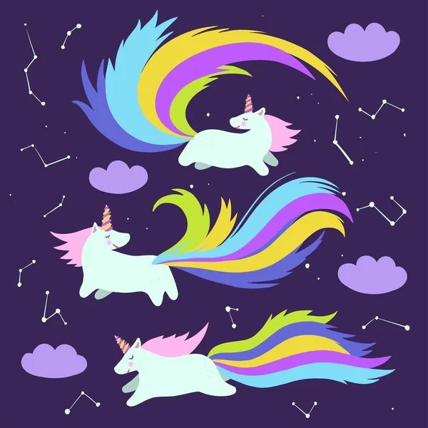 Set di cartoni animati disegnati a mano felici unicorni con racconti arcobaleno nel cielo notturno con stelle e nuvole. — Vettoriale Stock