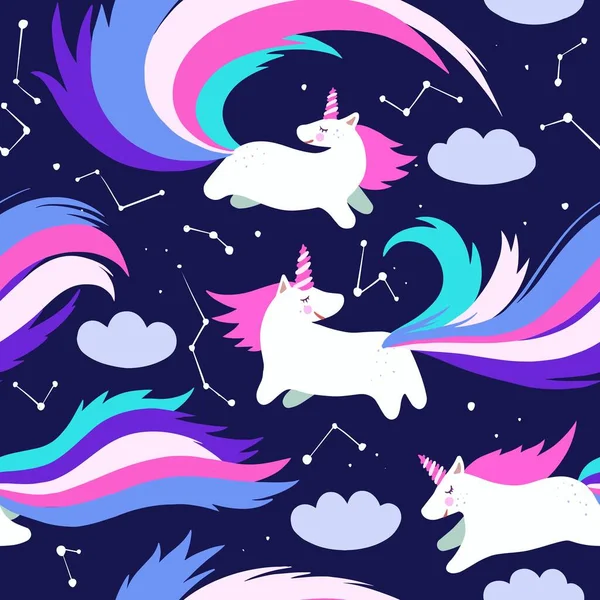 Lindo patrón sin costuras con adorables unicornios en el cielo nocturno con estrellas y nubes. — Archivo Imágenes Vectoriales