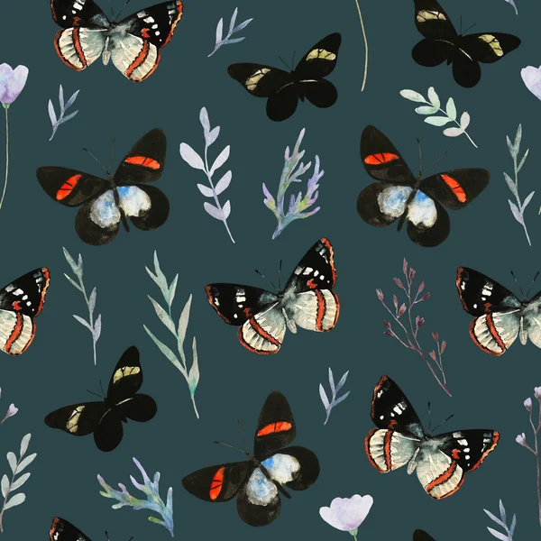Χαριτωμένο μοτίβο χωρίς ραφή με πολύχρωμες πεταλούδες και φυτικά στοιχεία. Εικονογραφήσεις χρωμάτων. — Φωτογραφία Αρχείου