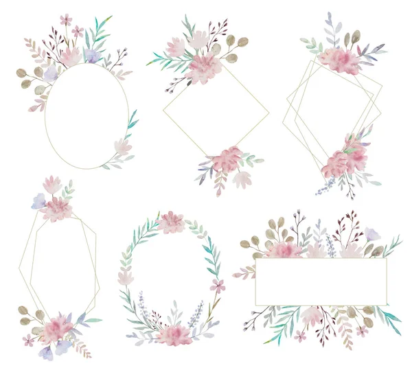 Akvarelová sada dekorativních rámů s jemnými růžovými květy, listy a větvemi. — Stock fotografie