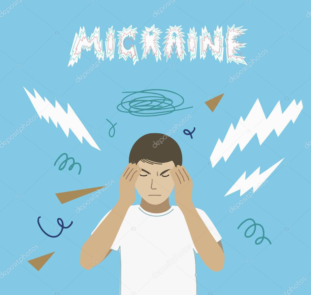 Man with migraine headache and aura. Vector illustration