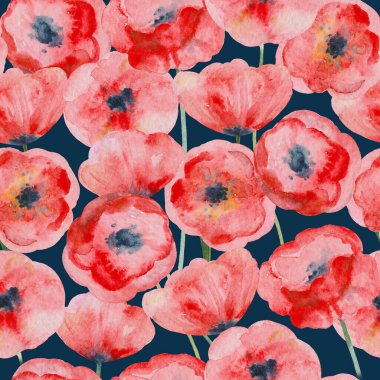 Suluboya kırmızı gelincik çiçekleriyle kusursuz desen.