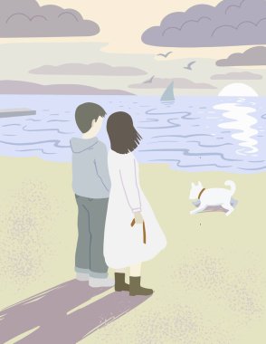 Genç adam ve kadın sahilde gün batımını izliyorlar, köpekleriyle yürüyorlar..