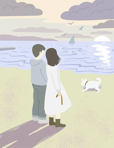 Jovem e mulher estão assistindo o pôr do sol junto ao mar na praia, andando com seu cachorro. — Vetor de Stock