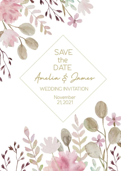 Cute floral watercolor wedding template. Wedding invitation. Save the date. — Stock Photo, Image