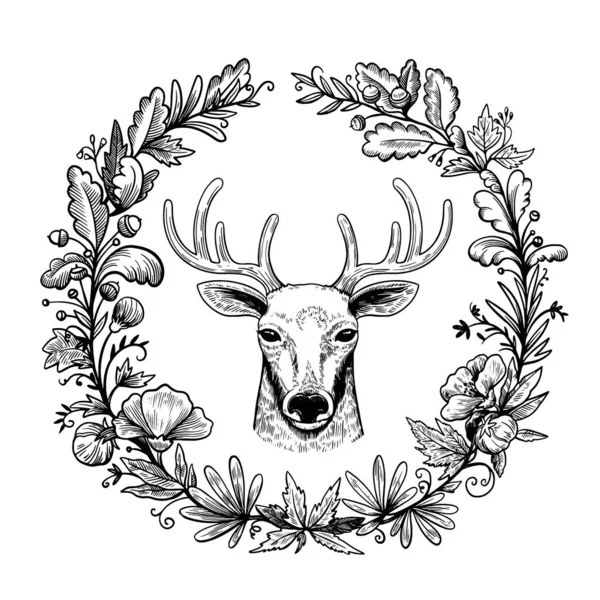 Hand drawn wreath in engraving ink style with head of deer and forest flowers — Stock Vector