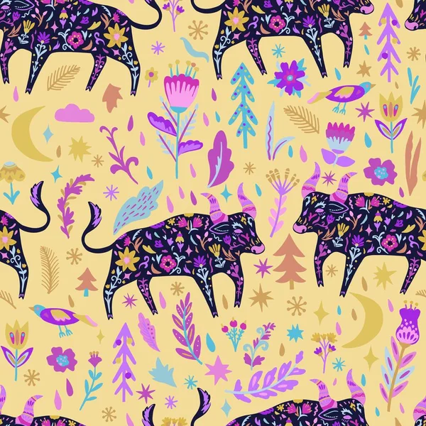 Modèle sans couture doodle coloré avec boeuf et fleurs. — Image vectorielle