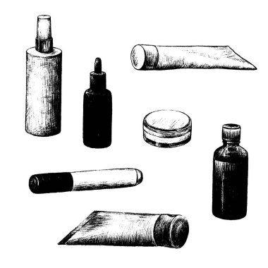 Gerçekçi el çizimi kozmetik şişeleri..