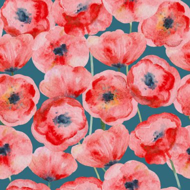 Suluboya kırmızı gelincik çiçekleriyle kusursuz desen.