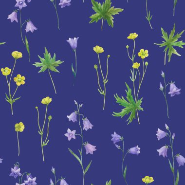 Gerçekçi çan çiçekleri ve düğün çiçekleri olan dikişsiz suluboya deseni. Meadow Botanik Çizimi.