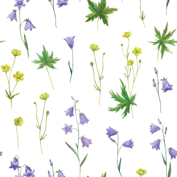 Watercolor seamless pattern with realistic bellflowers and buttercups. Meadow botanical illustration. — Stock Photo, Image