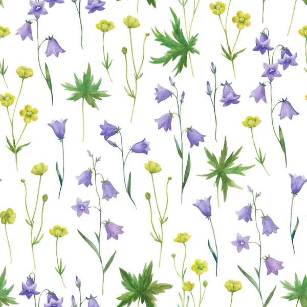 Watercolor seamless pattern with realistic bellflowers and buttercups. Meadow botanical illustration. — Stock Photo, Image