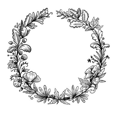 Round frame in ink hand drawn style with plant forest elements, mushrooms, berries and ferns.