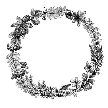Round frame in ink hand drawn style with plant forest elements, mushrooms, berries and ferns.