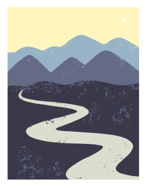 Dağları ve nehri olan soyut minimalist manzara.